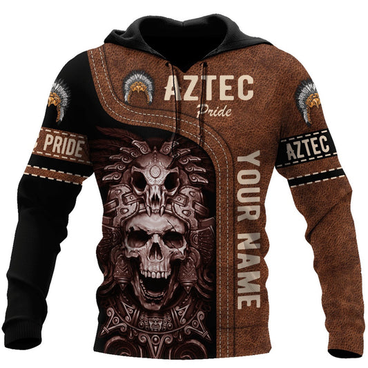Customized Mexico 3D Hoodie, Skullcap Mix Pride Warrior Hat Pattern Aztec All Over Printed 3D Hoodie, Aztec Hoodie, Mexico Shirt