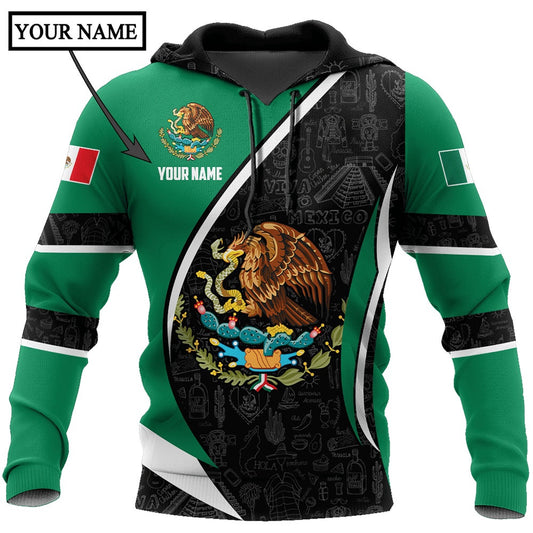 Customized Mexico 3D Hoodie, Super Eagle Mix Black And White Pattern Aztec All Over Printed 3D Hoodie, Aztec Hoodie, Mexico Shirt