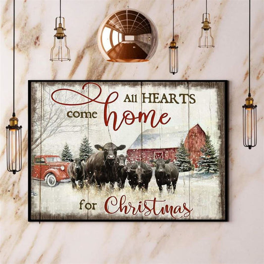 Farm Canvas, Farming Cow All Hearts Come Home For Christmas Canvas, Vintage Farm Prints, Farmhouse Wall Decor