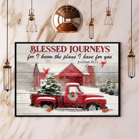 Farm Canvas, Farming Red Truck Barn Cardinal Blessed Journeys Merry Christmas Canvas, Vintage Farm Prints, Farmhouse Wall Decor