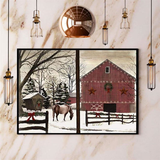 Farm Canvas, The Farm Horse And Chirsmas Tree Merry Christmas Farming Love Canvas, Vintage Farm Prints, Farmhouse Wall Decor