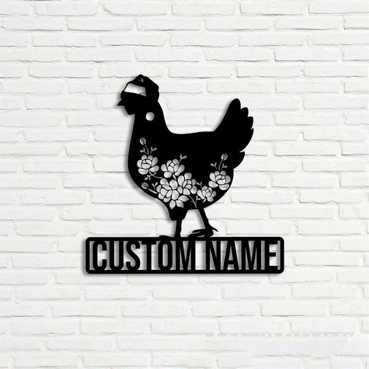 Farm Metal Sign, Custom Floral Chicken Farmhouse With Christmas Hat Metal Wall Art, Farm Metal Wall Hangings, Farm Metal Artwork