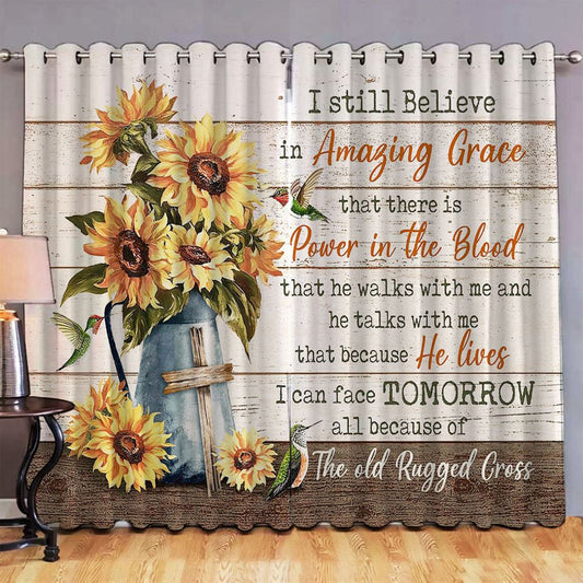 I Still Believe In Grace Sunflower Wooden Cross Premium Window Curtain - Religious Window Curtain - Christian Home Decor