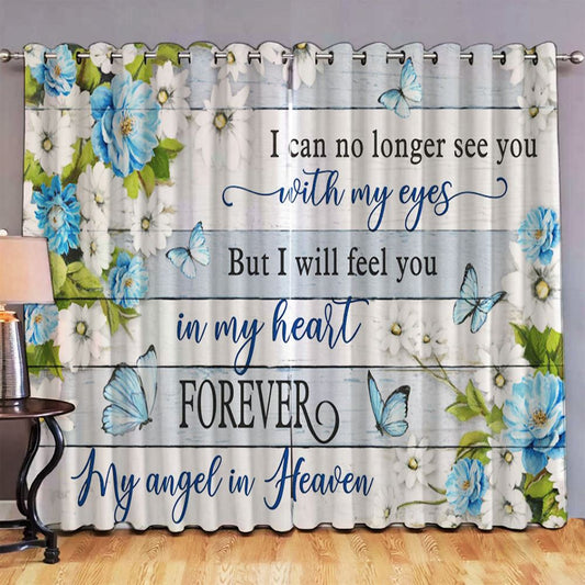 I Will Feel You In My Heart Forever Flower Blue Butterfly Large Premium Window Curtain - Christian Window Curtain - Religious Window Curtain