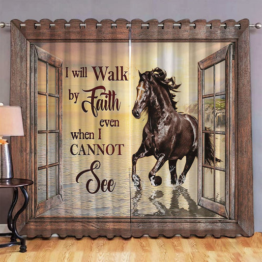 I Will Walk By Faith Black Horse Sunset Premium Window Curtain - Christian Window Curtain - Religious Window Curtain