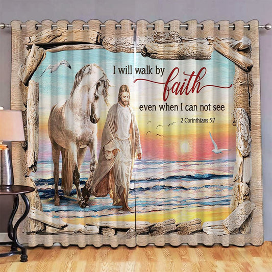I Will Walk By Faith Premium Window Curtain - Jesus And White Horse On The Beach Window Curtain - Bible Verse Window Curtain