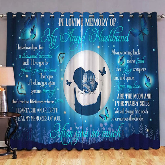 In Loving Memory Of My Angel Husband Blue Butterfly Moon Flower Hug Large Premium Window Curtain - Christian Window Curtain - Religious Window Curtain