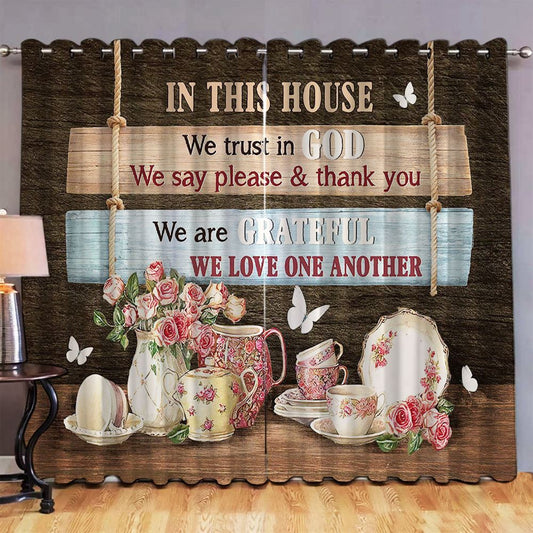 In This House We Trust In God Tea Cup White Butterfly Premium Window Curtain - Bible Verse Window Curtain - Wall Decor Christian
