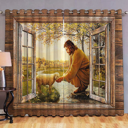 Jesus And The Lamb By The River Premium Window Curtain - Christian Window Curtain Decor - Bible Verse Window Curtain