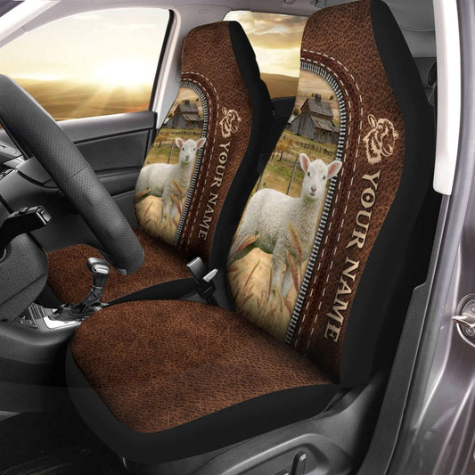 Lambs Personalized Name Leather Pattern Car Seat Covers, Farm Car Seat Cover, Cow Print Seat Covers For Trucks