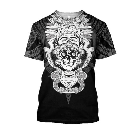 Mexico 3D T Shirt, Aztec Maya Day Of The Dead Skull Art 3D Monochrome All Over Print 3D T Shirt, Mexican Aztec Shirts