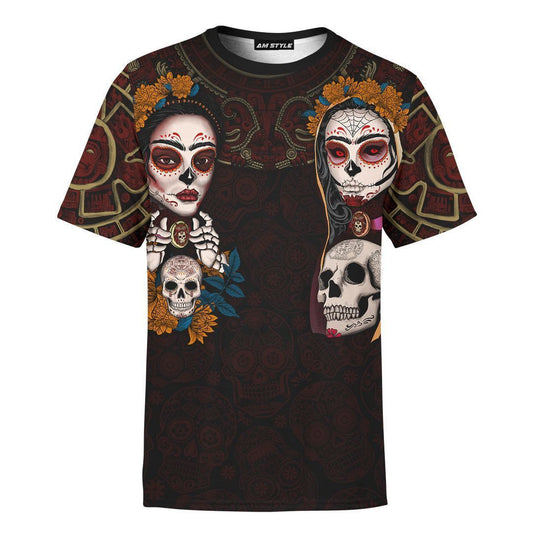 Mexico 3D T Shirt, Aztec Maya Mexico Sugar Skull Dia De Muertos All Over Print T Shirt, Mexican Aztec Shirts
