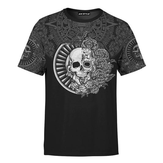 Mexico 3D T Shirt, Aztec Mayan Aztec Day Of The Dead Mictlantecuhtli Sugar Skull 3D Monochrome All Over Print 3D T Shirt, Mexican Aztec Shirts
