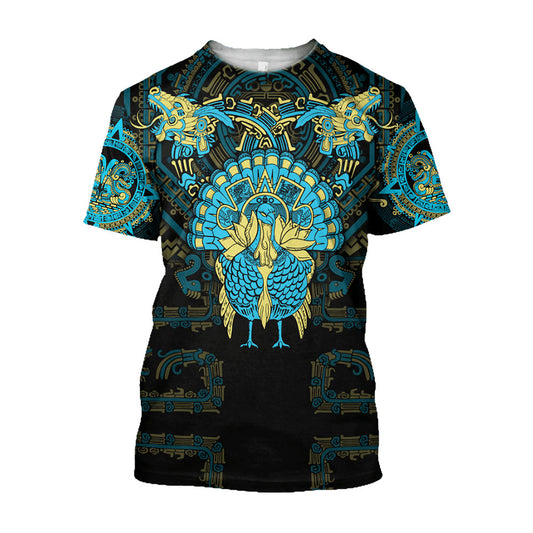 Mexico 3D T Shirt, Aztec Mayan Aztec Turkey Thanksgiving Turquoise Blue All Over Print 3D T Shirt, Mexican Aztec Shirts