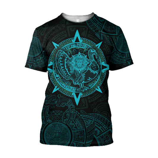 Mexico 3D T Shirt, Aztec Mayan Aztec Turkey Thanksgiving Viking Blue All Over Print 3D T Shirt, Mexican Aztec Shirts