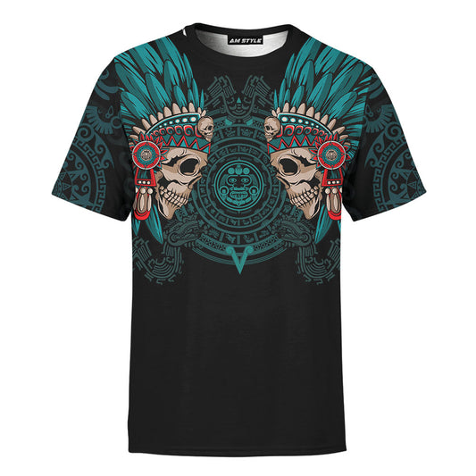 Mexico 3D T Shirt, Aztec Mayan Double Warrior Skulls All Over Print 3D T Shirt, Mexican Aztec Shirts