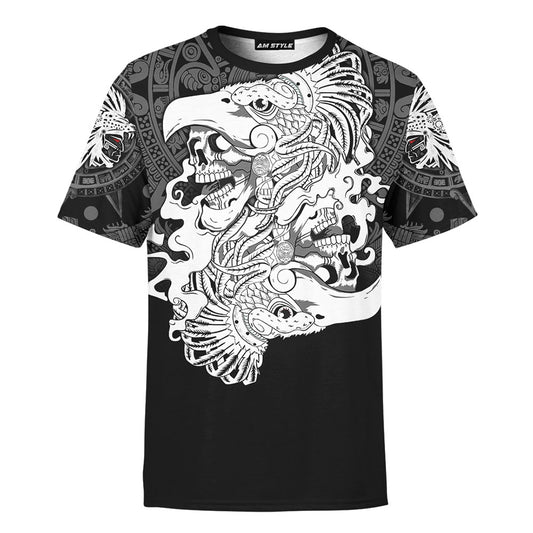 Mexico 3D T Shirt, Aztec Mayan Eagle Jaguar Warrior 3D Monochrome All Over Print 3D T Shirt, Mexican Aztec Shirts