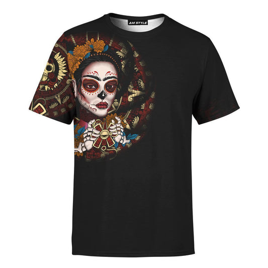 Mexico 3D T Shirt, Aztec Mayan Mexico Frida Kahlo Day Of The Dead All Over Print 3D T Shirt, Mexican Aztec Shirts