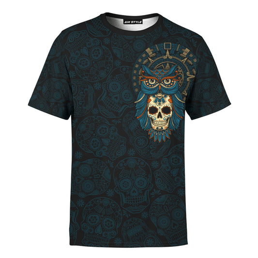 Mexico 3D T Shirt, Aztec Mayan Mexico Owl And Sugar Skull Day Of The Dead All Over Print 3D T Shirt, Mexican Aztec Shirts