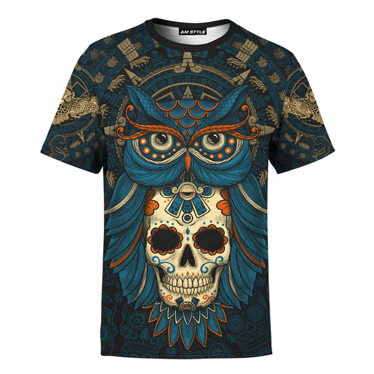 Mexico 3D T Shirt, Aztec Mayan Mexico Owl Over Sugar Skull Day Of The Dead All Over Print 3D T Shirt, Mexican Aztec Shirts