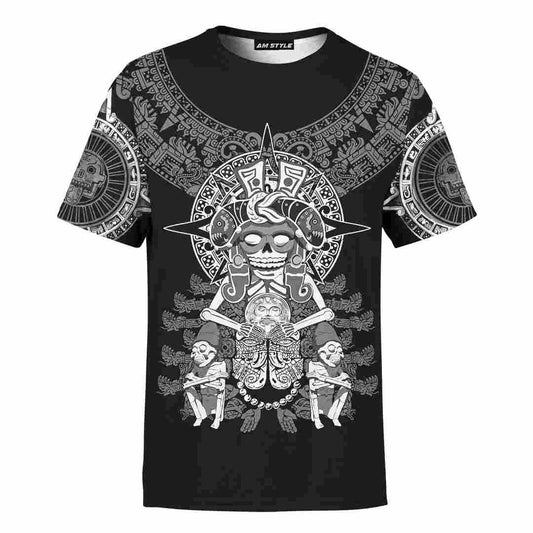 Mexico 3D T Shirt, Aztec Mayan Mictlantecuhtli Skull Monochrome All Over Print 3D T Shirt, Mexican Aztec Shirts