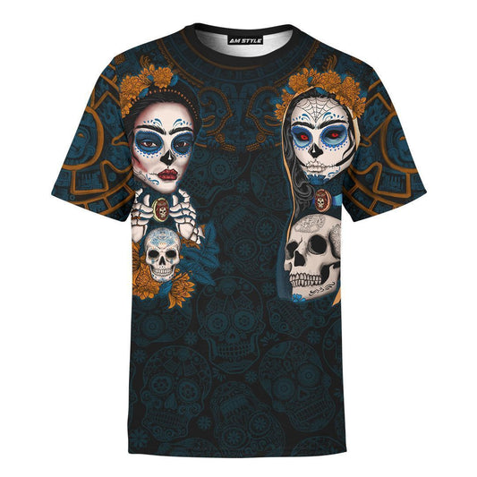 Mexico 3D T Shirt, Aztec Mayan Sugar Skull Mexico Dia De Muertos All Over Print 3D T Shirt, Mexican Aztec Shirts