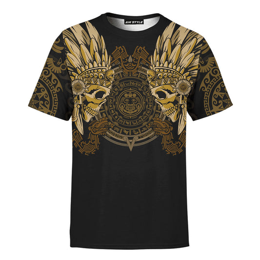 Mexico 3D T Shirt, Aztec Mayan Warrior Skull 3D Gold All Over Print 3D T Shirt, Mexican Aztec Shirts
