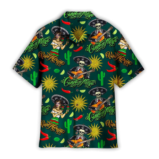 Mexico Hawaiian Shirt, Skeleton Mexican Cinco De Mayo Festival Pattern Green Hawaiian Shirt, Mexican Aloha Shirt