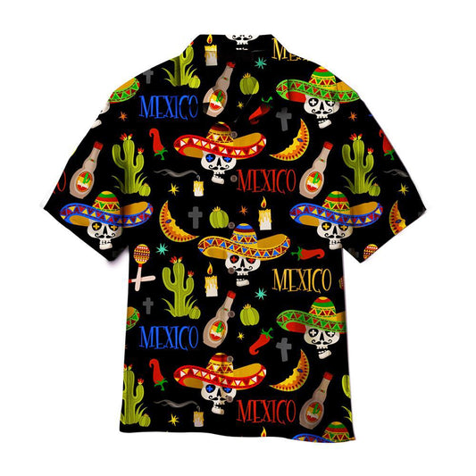 Mexico Hawaiian Shirt, Skulls Cactus Mexican Symbols Cinco De Mayo Pattern Black Hawaiian Shirt, Mexican Aloha Shirt