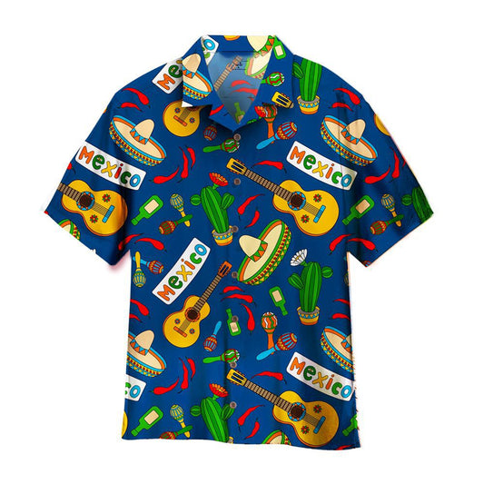 Mexico Hawaiian Shirt, Sombrero And Vihuela Cinco De Mayo Mexican Party Blue Hawaiian Shirt, Mexican Aloha Shirt