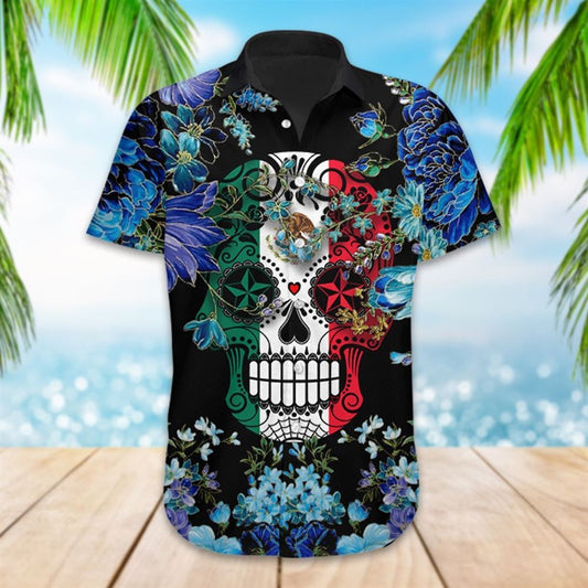 Mexico Hawaiian Shirt, Sugar Skull Mexico Flag Day Of The Dead Hawaiian Shirt, Mexican Aloha Shirt