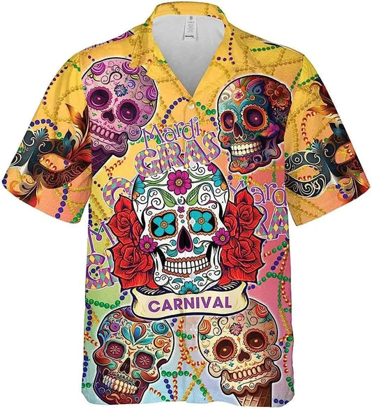 Mexico Hawaiian Shirt, Sugar Skulls Mardi Gras Carnival Hawaiian Aloha Shirt For Men Women, Mexican Aloha Shirt