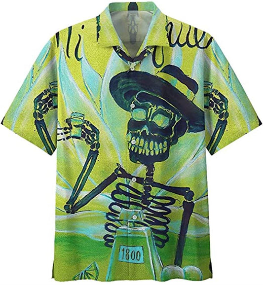 Mexico Hawaiian Shirt, Tequila Mexicano Skeleton Art Camisa Tropical Aloha Hawaiian Shirts, Mexican Aloha Shirt