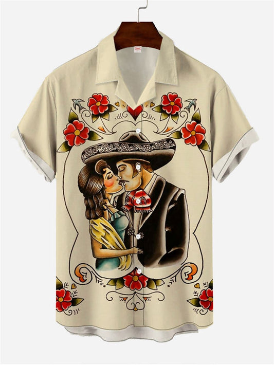 Mexico Hawaiian Shirt, Valentine's Day Mexican Couples Art Painting Printing Cuban Collar Hawaiian Shirt, Mexican Aloha Shirt