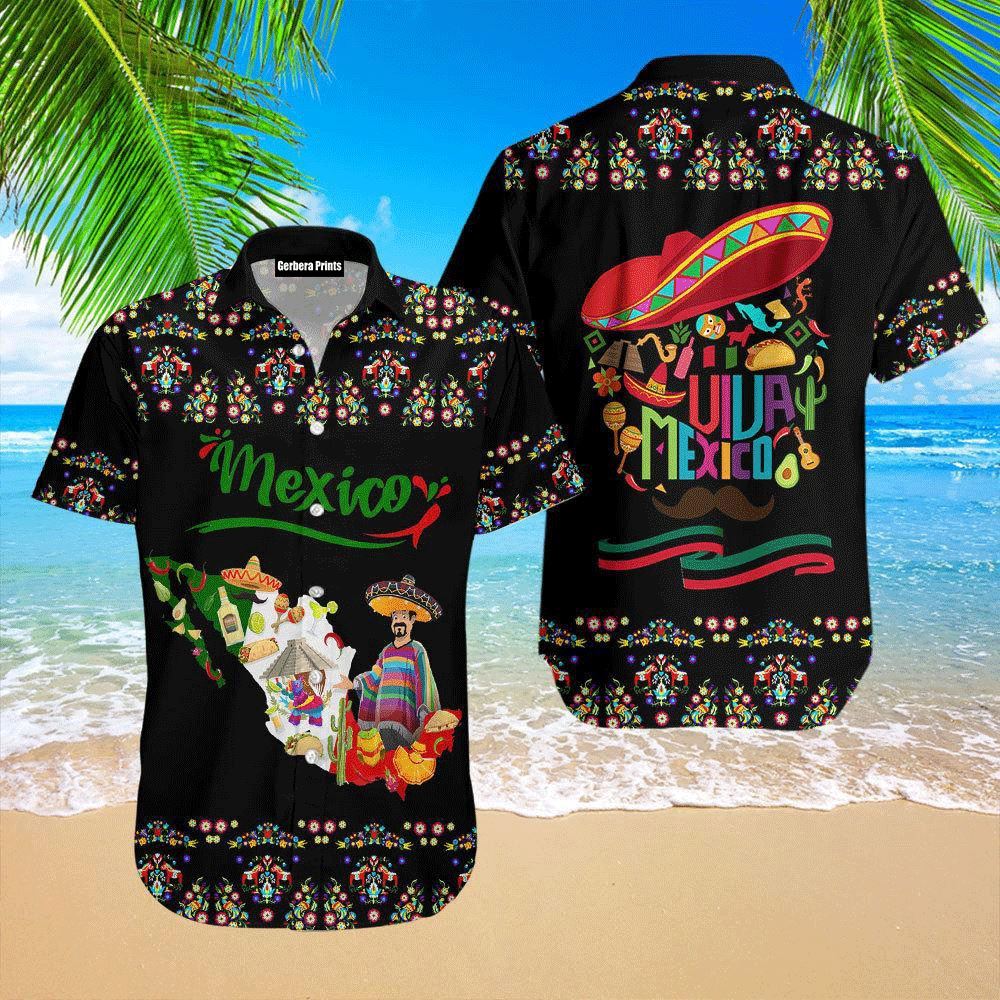 Mexico Hawaiian Shirt, Viva Mexico Let's Fiesta Mexico Day Black Hawaiian Shirt, Mexican Aloha Shirt