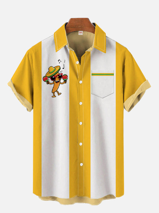 Mexico Hawaiian Shirt, Yellow White Stripes Contrasting Color And Cartoon Mexican Pepper Printing Funny Summer Hawaiian Shirt, Mexican Aloha Shirt