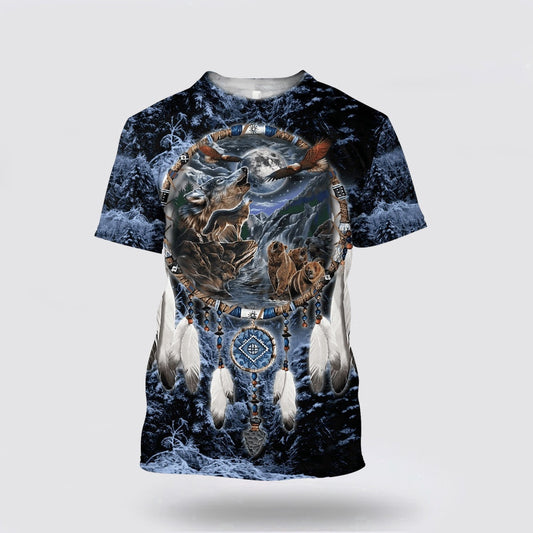 Native American T Shirt, Animals Under The Moon Native American 3D All Over Printed T Shirt, Native American Graphic Tee For Men Women