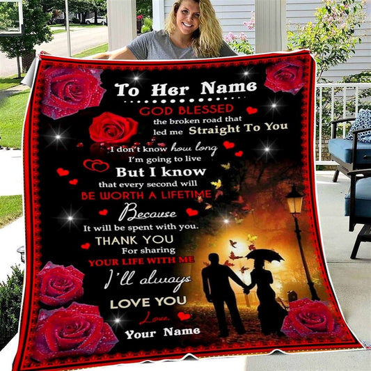 Red Rose Pattern Blanket, Custom Name Letter Blanket From husband To Wife, Meaningful Words Blanket On Valentine Wedding Anniversary Day