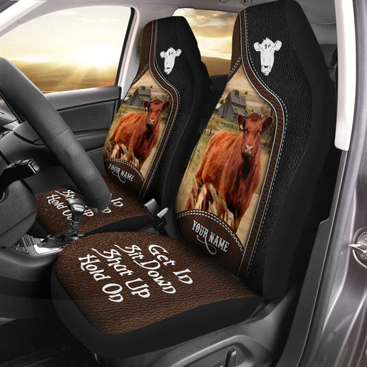 Red Angus Personalized Name Black And Brown Leather Pattern Car Seat Covers, Farm Car Seat Cover, Cow Print Seat Covers For Trucks