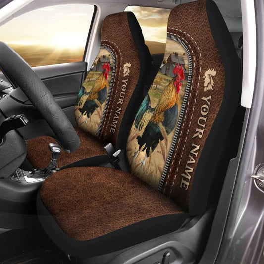 Rooster Personalized Name Leather Pattern Car Seat Covers, Farm Car Seat Cover, Cow Print Seat Covers For Trucks