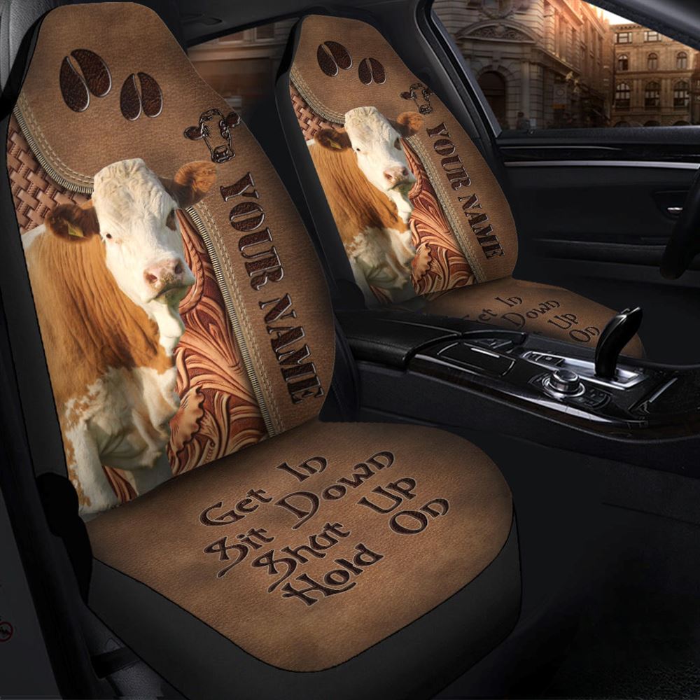Simmental Leather Carving Customized Name Car Seat Cover, Farm Car Seat Cover, Cow Print Seat Covers For Trucks