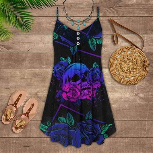 Skull Blue Rose Spaghetti Strap Summer Dress For Women On Beach Vacation, Hippie Dress, Hippie Beach Outfit