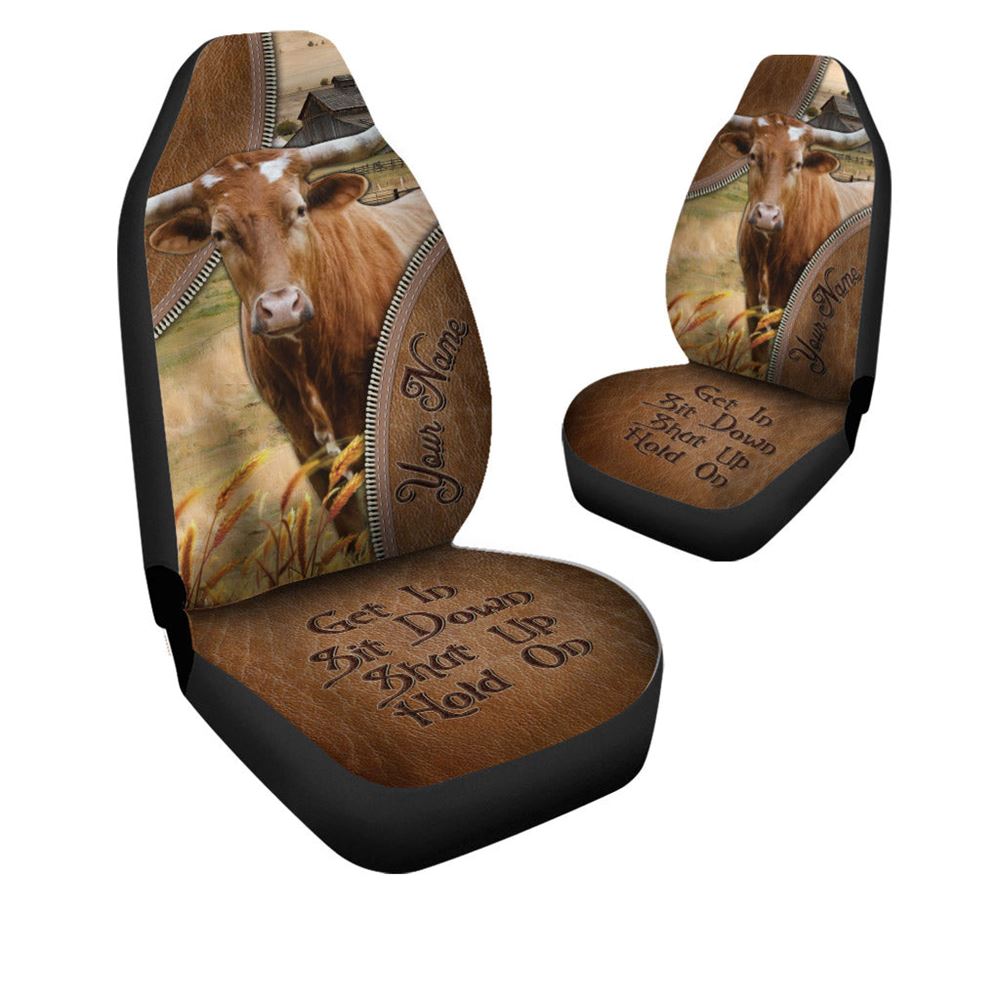 Texas Longhorn Customized Name Leather Pattern Car Seat Covers, Farm Car Seat Cover, Cow Print Seat Covers For Trucks