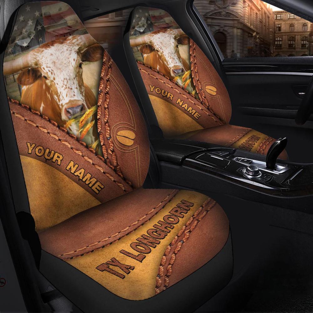 Texas Longhorn Leather Pattern Customized Name Car Seat Cover, Farm Car Seat Cover, Cow Print Seat Covers For Trucks