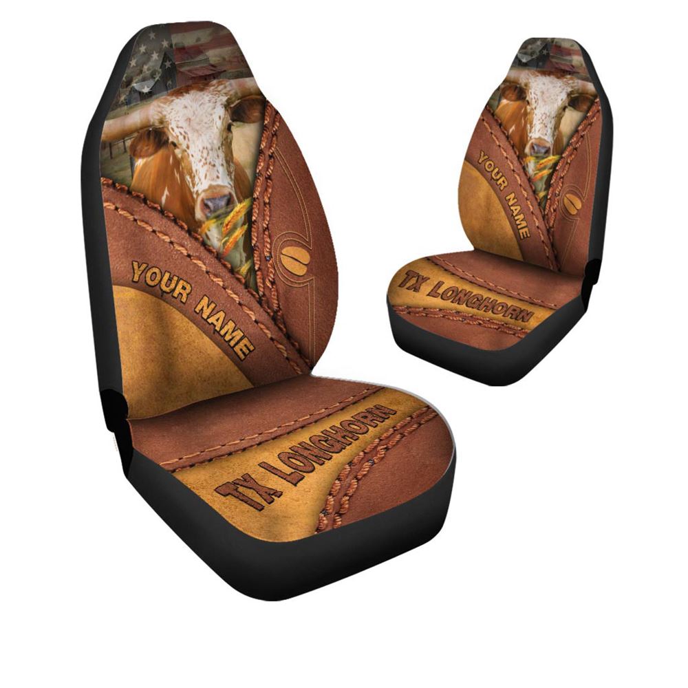 Texas Longhorn Leather Pattern Customized Name Car Seat Cover, Farm Car Seat Cover, Cow Print Seat Covers For Trucks