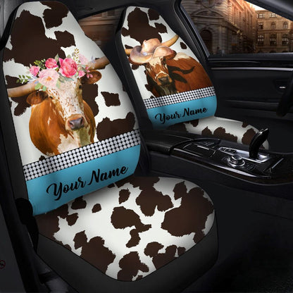 Texas Longhorn Pattern Customized Name Dairy Cow Car Seat Cover, Farm Car Seat Cover, Cow Print Seat Covers For Trucks
