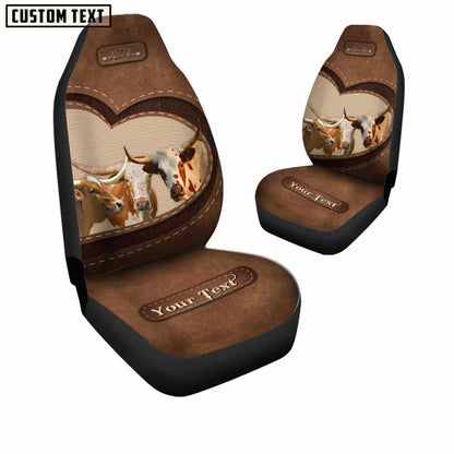 Texas Longhorn Pattern Customized Name Heart Car Seat Cover, Farm Car Seat Cover, Cow Print Seat Covers For Trucks