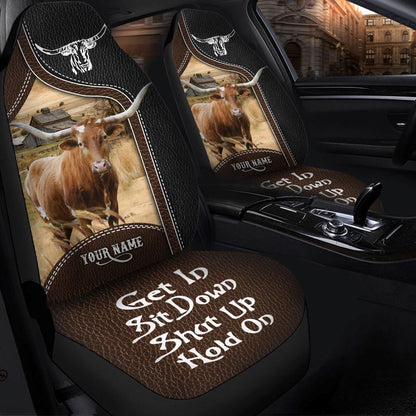 Texas Longhorn Personalized Name Black And Brown Leather Pattern Car Seat Covers, Farm Car Seat Cover, Cow Print Seat Covers For Trucks
