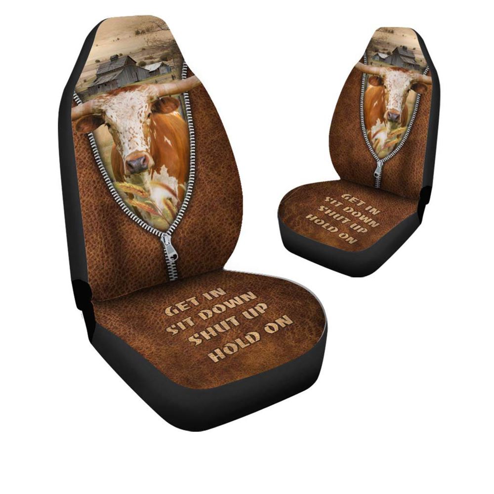 Texas Longhorn Zipper Leather Pattern Car Seat Covers, Farm Car Seat Cover, Cow Print Seat Covers For Trucks