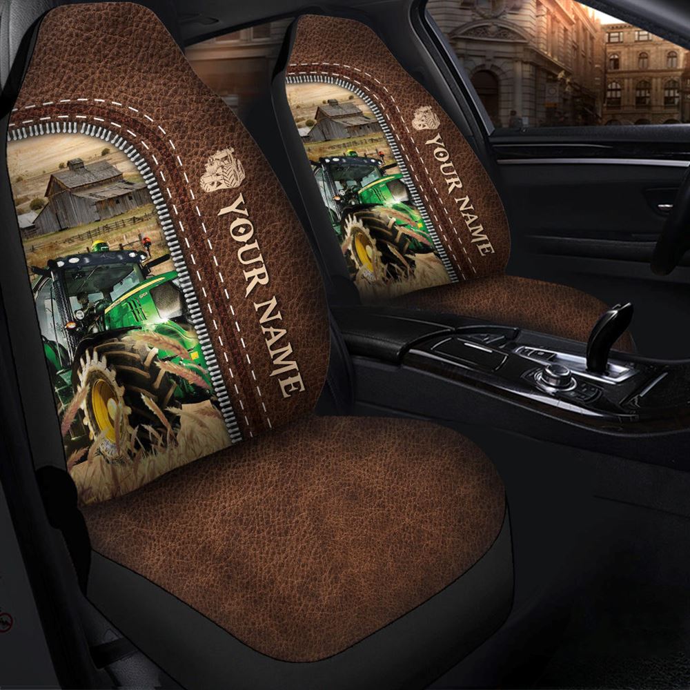 Tractor Personalized Name Leather Pattern Car Seat Covers, Farm Car Seat Cover, Cow Print Seat Covers For Trucks